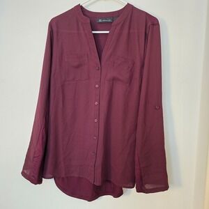 INC Blouse Long Sleeve Button Down V Neck Womens Small Burgundy